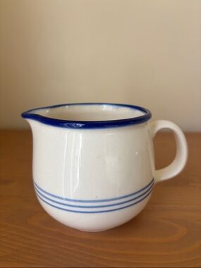 Vintage East Germany DDR Cream Ceramic Creamer with Blue Trim and Stripe Pitcher